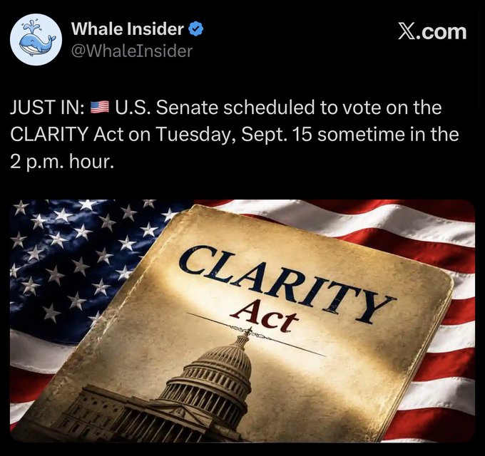 A tweet from Whale Insider (@WhaleInsider) announces that the U.S. Senate is scheduled to vote on the CLARITY Act on Tuesday, September 15 during the 2 p.m. hour, accompanied by an image of a book titled "CLARITY Act" displayed over the American flag with the U.S. Capitol dome.