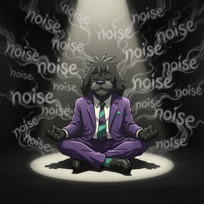 An anthropomorphic dog in a purple suit meditates peacefully in a spotlight under a beam of light, surrounded by the word "noise" swirling around him—symbolizing the ability to block out distractions and stay focused on one's goals. The image reinforces the post's message about tuning out life's "noise" to concentrate on what truly matters.