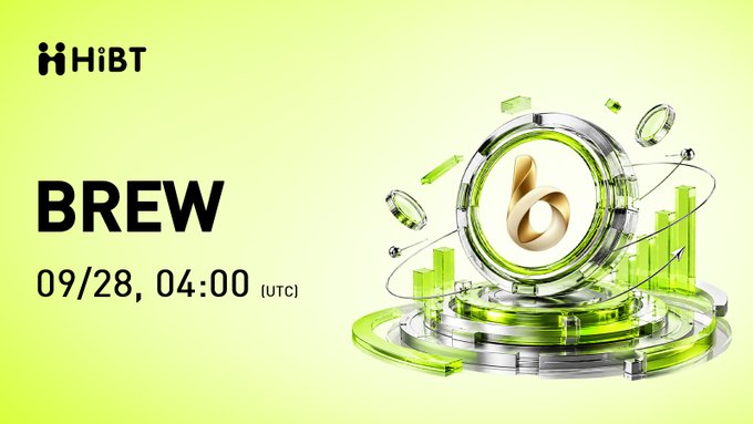 HiBT announces the listing of $BREW token on September 28 at 04:00 UTC, featuring a futuristic green and silver 3D illustration with a stylized "8" emblem, matching the platform's branding for the BREW/USDT trading pair on BSC network.