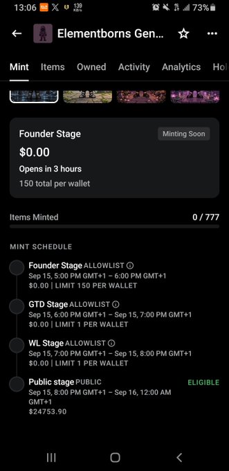 A mobile app screenshot of an NFT minting page for 'Elementborns Gen...' showing a Founder Stage priced at $0.00 opening in 3 hours, with a mint schedule listing Founder, GTD, WL, and Public stages.