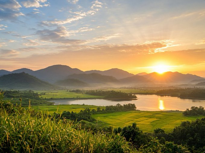 A serene landscape photo of a sunset over mountains, a lake, and green fields with a misty atmosphere.
