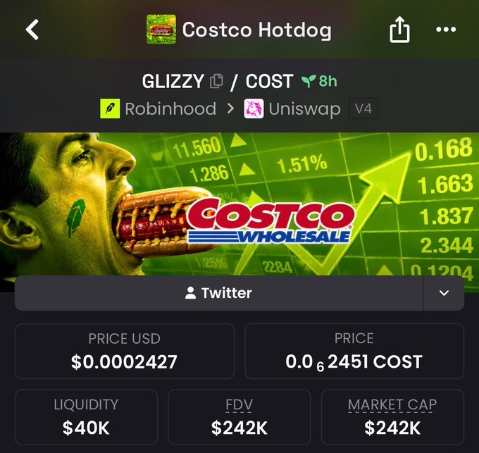 A crypto token page displays "Costco Hotdog" (ticker GLIZZY/COST) on Robinhood/Uniswap V4, featuring a man biting into a hot dog with the Costco Wholesale logo overlaid on a green stock chart. The token shows a price of $0.0002427 USD, liquidity of $40K, and an FDV of $242K, tying into the post's playful promotion of the "glizzy" token with five bullish green arrows shown on the chart.