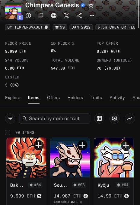 A screenshot of an NFT marketplace page for 'Chimpers Genesis' by Timbersvault shows a floor price of 9.999 ETH, total volume of 547.39 ETH, and pixel-art chimp collectibles.