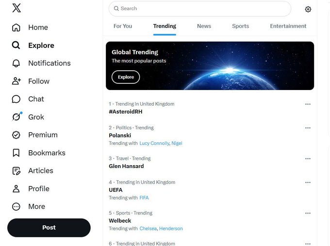 A screenshot of X's Trending page shows #AsteroidRH topping the list at #1 in the United Kingdom, alongside other trending topics like Polanski, Glen Hansard, UEFA, and Welbeck. The accompanying post celebrates the hashtag trending #1 in multiple countries including the USA, Brazil, Germany, and the UK, highlighting $ASTEROID and $SPCX as part of the campaign's momentum.