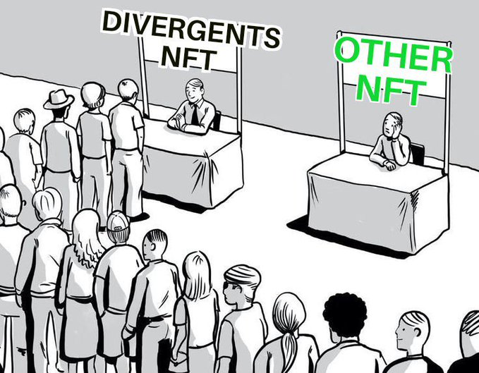 A line of people eagerly waits at a busy "DIVERGENTS NFT" booth, while a bored-looking vendor sits alone at an empty "OTHER NFT" booth across the way, highlighting Divergents' popularity over competing NFT projects.