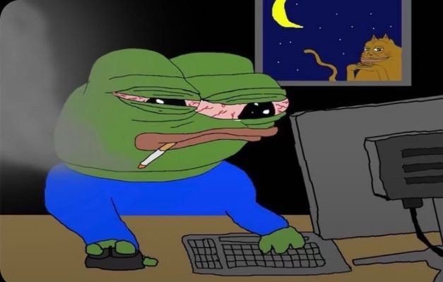 Meme of a green Pepe the Frog character smoking a cigarette and typing on a keyboard at a computer.