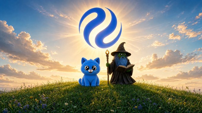 A fantasy digital artwork showing a blue cat character and a wizard with a staff and book standing on a grassy hill, with a large blue swirling logo overhead and a sunset sky in the background.