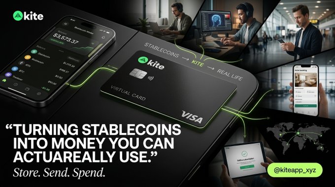 Promotional image for the 'Kite' app, showing a virtual Visa card and mobile interfaces with the slogan 'TURNING STABLECOINS INTO MONEY YOU CAN ACTUAREALLY USE.' and the handle @kiteapp_xyz.