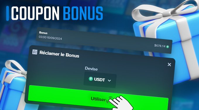 A promotional graphic titled "COUPON BONUS" displays a bonus of $678.14 with a "Réclamer le Bonus" (Claim the Bonus) button in USDT, alongside gift box illustrations, illustrating the bonus coupon claim process that distributed €145,021.73 to 2,311 eligible users who entered their Stake usernames.