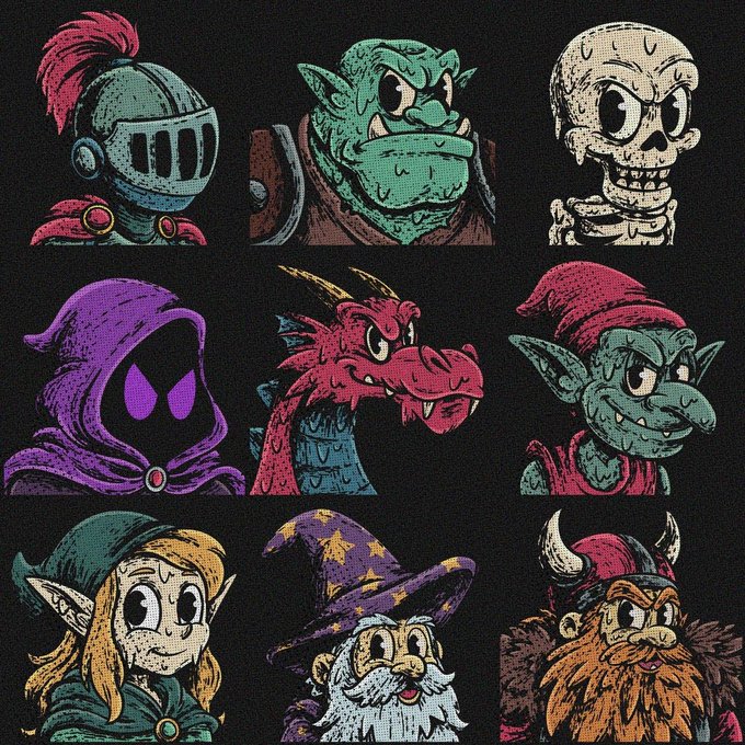 A 3x3 grid of nine stylized fantasy character illustrations—including a knight, goblin, skeleton, hooded figure, dragon, elf, wood elf, wizard, and viking—rendered in a textured, comic-book art style with a dark halftone aesthetic, serving as character artwork to promote a GuildGrime NFT giveaway with 3,200 supply on the Ethereum chain.