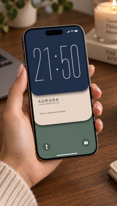 A hand holds a smartphone displaying a minimalist lock screen showing the time '21:50' on a navy blue background. A beige card graphic reads 'AURORA LOCKSCREEN EDITION' and 'QUIETLY MOVING FORWARD.'
