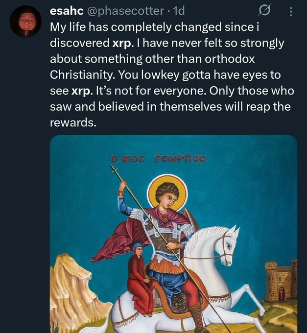 The image features a graphic of a person riding a horse, with white text underneath that reads "My life has completely changed since i discovered xRP, I have never felt so strongly about Christianity," which appears to be related to cryptocurrency investing or XP trading. The post is in a dark background and the focus on it suggests its importance.
