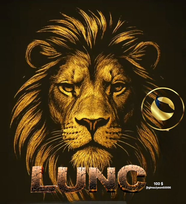 A gold-and-black lion illustration features a circular icon on the right, large “LUNC” lettering at the bottom, and “100 $ @jimsulyeoh8996” near the lower right.
