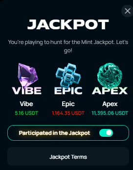 A 'JACKPOT' promotional screen showing Vibe (5.16 USDT), Epic (1,164.35 USDT), and Apex (11,395.06 USDT) prize tiers with a 'Participated in the Jackpot' toggle.