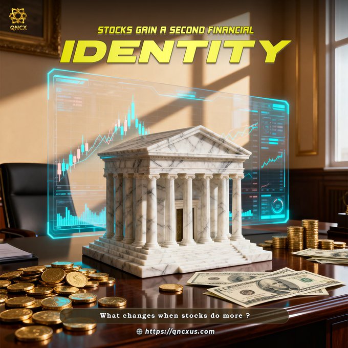 A marble bank building sits on a desk scattered with gold coins and dollar bills, framed by a glowing holographic stock chart, with bold yellow text reading "STOCKS GAIN A SECOND FINANCIAL IDENTITY" and "What changes when stocks do more?" alongside the QNCX logo and qncxus.com link—visually reinforcing the concept of tokenized real-world assets bridging traditional finance with on-chain markets.