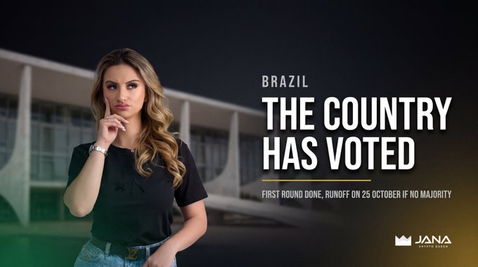 A woman stands thoughtfully in front of Brazil's National Congress building, alongside text reading "BRAZIL: THE COUNTRY HAS VOTED — FIRST ROUND DONE, RUNOFF ON 25 OCTOBER IF NO MAJORITY" with a "JANA" branding watermark, capturing the anxious anticipation of Brazil's presidential election that the post's author is closely following from abroad.