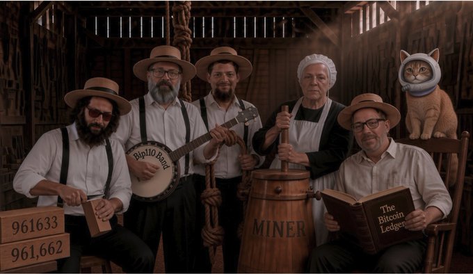A group of men in period clothing and hats, alongside a woman and a cat wearing a space helmet, are posed together in a rustic setting with a banjo labeled 'Bip12 Band', a barrel marked 'MINER', and a book titled 'The Bitcoin Ledger'.