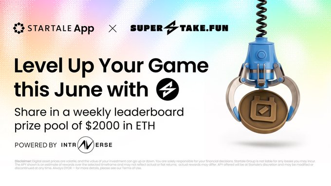 The image features a poster for an app called "Startale App" that has a claw machine with a gold coin hanging from its handle, along with text promoting a contest or challenge related to gaming. The poster also includes details about the contest, such as the prize pool and deadline, which is set for July 2nd at 4:00 pm Eastern Time (ET). Users are encouraged to participate in this contest by sharing their gameplay experience on social media using the provided hashtag #StartaleAppContest or tagging @intr.vb if they have already completed the challenge.