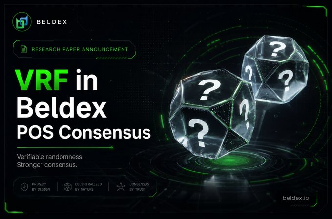 A research paper announcement from Beldex (beldex.io) titled 'VRF in Beldex POS Consensus' featuring translucent 3D dice with question marks and the tagline 'Verifiable randomness. Stronger consensus.'