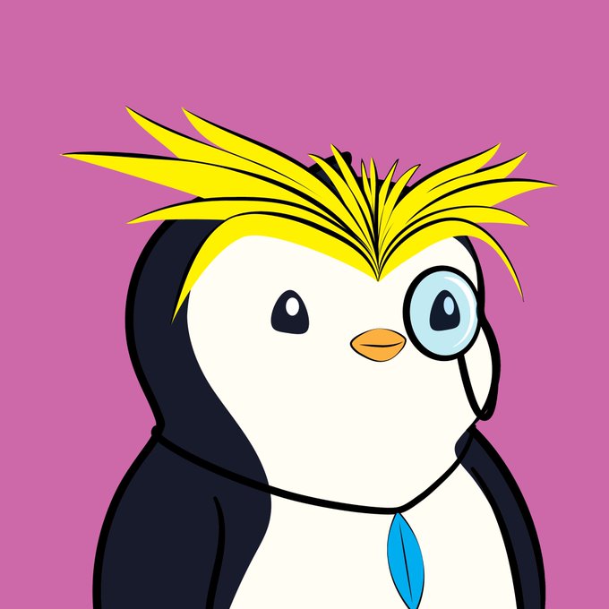 An illustrated penguin character with a yellow spiky tuft of hair and a monocle on a pink background.