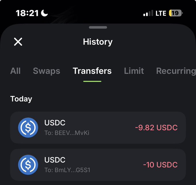 A mobile app 'History' screen shows USDC transfer activity under the 'Transfers' tab, listing two outgoing transactions for -9.82 USDC and -10 USDC today.