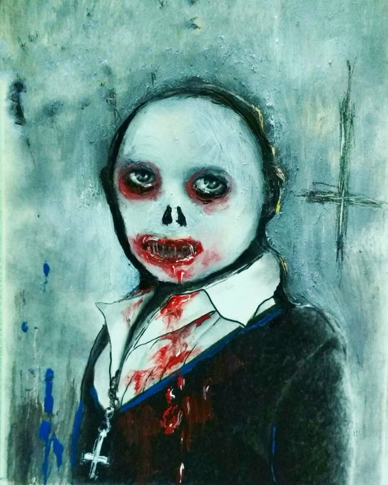 A creepy painting of a figure with a pale face, dark red eyes, and blood around its mouth and on its white shirt, wearing a cross necklace.