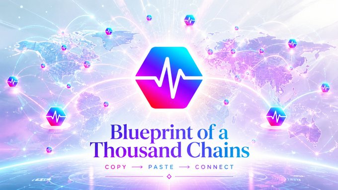 A futuristic digital graphic titled 'Blueprint of a Thousand Chains' with the tagline 'COPY → PASTE → CONNECT', featuring a central hexagonal logo with a heartbeat line, surrounded by network nodes over a world map.