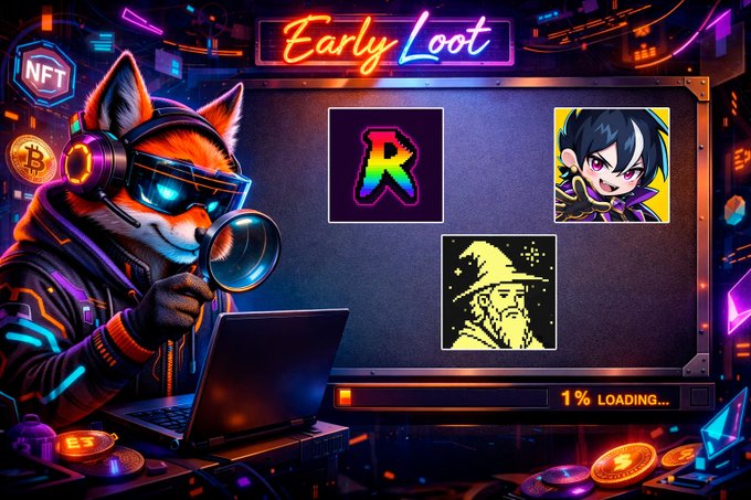 A vibrant digital illustration featuring an anthropomorphic fox with sunglasses and headphones holding a magnifying glass, with neon text reading 'Early Loot' above NFT-style images and a '1% LOADING...' bar.