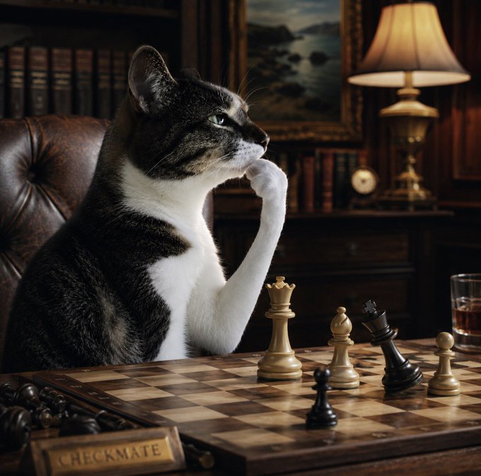 A black and white cat sits in a thoughtful pose with paw on chin across a chessboard, surrounded by chess pieces, leather-bound books, and a vintage lamp, with a "CHECKMATE" label visible at the bottom—symbolizing the strategy of staying focused and thinking ahead amid market noise.