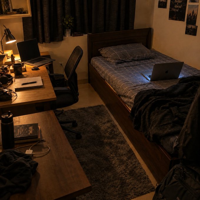 A dimly lit bedroom features a desk with a laptop and a bed with a laptop on it, both workspaces illuminated by screens.