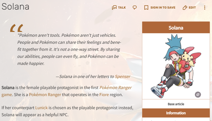 A Bulbapedia-style wiki page about Solana, the female playable protagonist from the first Pokémon Ranger game, featuring her artwork with a Plusle and a quote from her letter to Spenser.