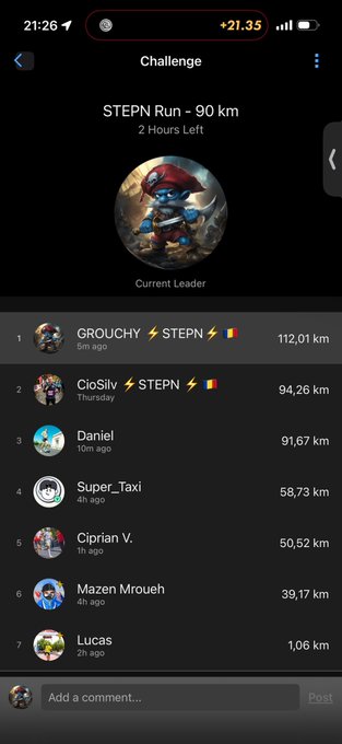 The image shows a phone screen displaying a fitness app with a list of users' names, including "Daniel", "Cyrus", and "Mesnouh". The app also provides information about their current step count, distance traveled, and calories burned during a run. The post in the image encourages users to stay hydrated while running, as indicated by the text "Don't forget to stay hydrated #stepn".