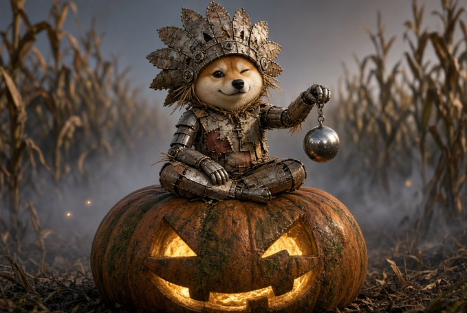 A whimsical, armored hedgehog-like creature sits atop a carved, glowing jack-o'-lantern in a misty cornfield, holding a spiked metal ball.