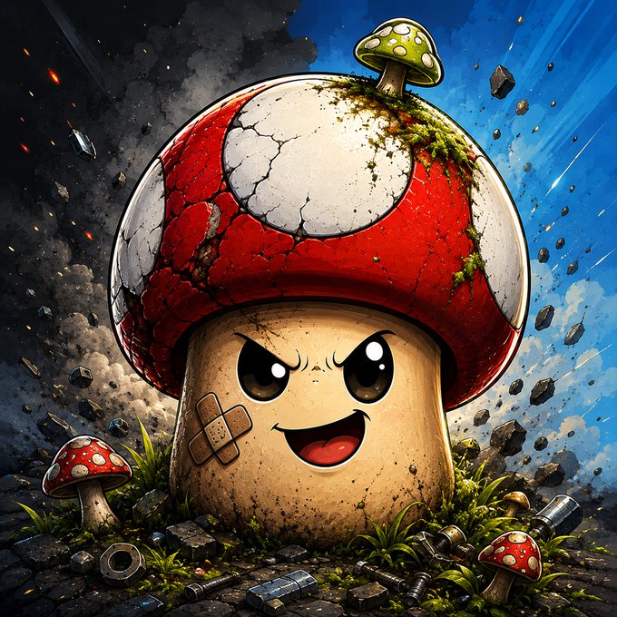 An illustration depicts an angry, anthropomorphic red-and-white mushroom with a bandage on its cap, standing among smaller mushrooms, debris, and smoke.