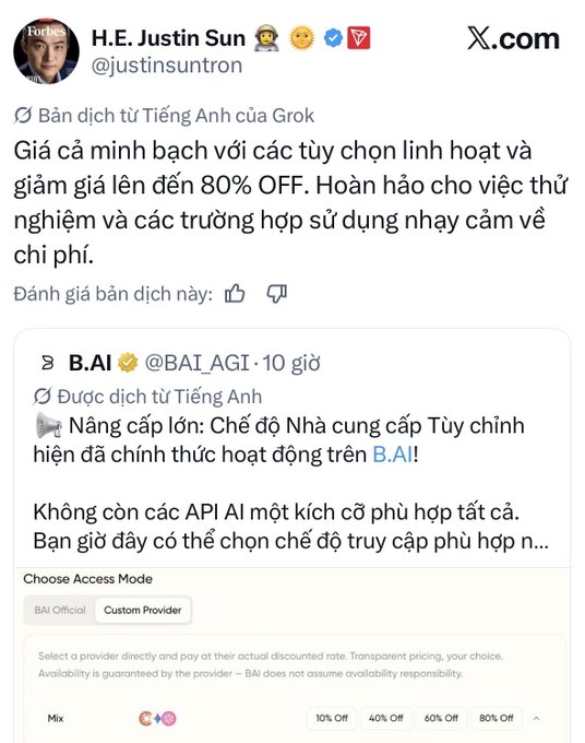 The image features a screenshot of an online post on Twitter. The post was created by H.E. Justin Sun and revolves around a discussion about custom provisioning mode for AI APIs. The caption highlights that B.AI has officially launched Custom Provider Mode, allowing users to customize the access model according to their requirements, striking a balance between reliability and flexibility in AI API usage. In addition, an icon representing a "Ban" is used to symbolize the status of this new mode.