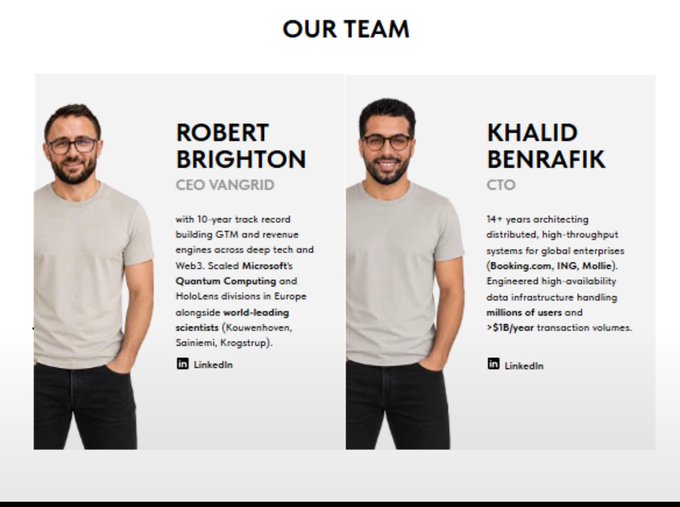 Team page introducing VanGrid executives Robert Brighton (CEO) and Khalid Benrafik (CTO) with their professional backgrounds and LinkedIn links.