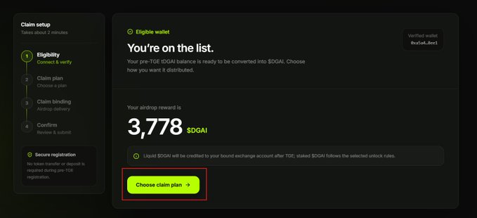 The image shows a DGrid AI airdrop claim setup interface confirming an "Eligible wallet" with the message "You're on the list," displaying an airdrop reward of **3,778 $DGAI** tokens for the verified wallet 0xa1a6...dee1, with a highlighted green "Choose claim plan" button guiding the user to proceed with the distribution.