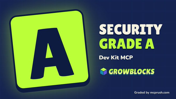 Security rating graphic showing a large grade “A,” with the text “SECURITY GRADE A,” “Dev Kit MCP,” “GROWBLOCKS,” and “Graded by mcprush.com.”