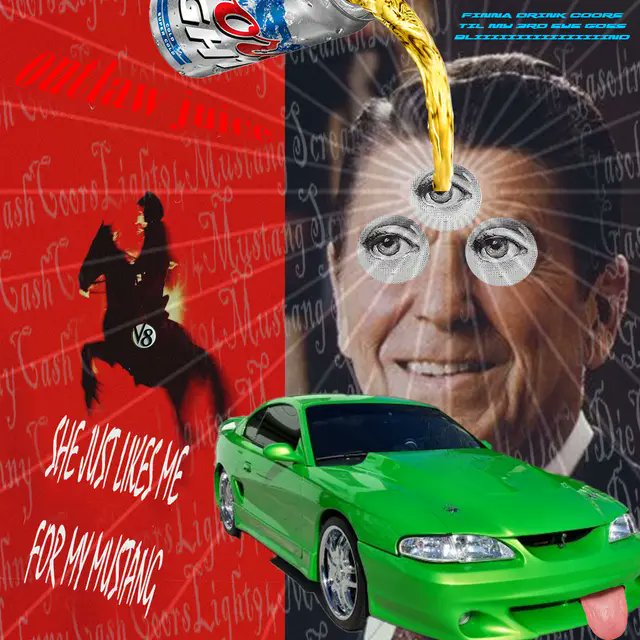 An album cover for 'adrian jones' featuring a collage-style design with a green Ford Mustang, a horse rider, text reading 'SHE JUST LIKES ME FOR MY MUSTANG', and 'PRIMA DRINK COORS' in the corner.