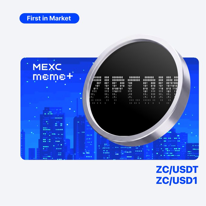 A promotional graphic for MEXC Meme+ announcing a "First in Market" listing for ZC/USDT and ZC/USD1, featuring a stylized digital coin with "ZC" displayed against a blue cityscape background. The branding ties directly to the accompanying post highlighting $ZC trading availability on MEXC.