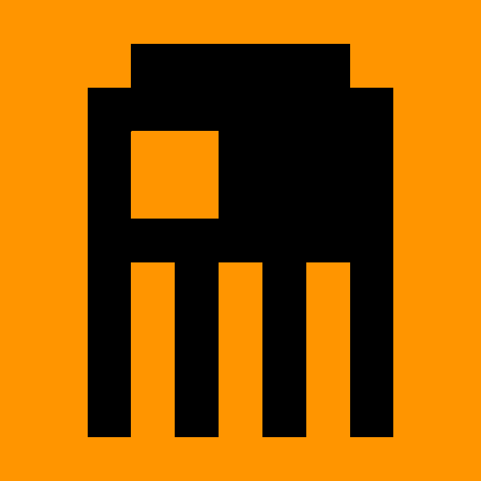 A bold black icon resembling a building or structure with four columns and a square window is displayed on an orange background, relating to the networked.art token referenced in the post.