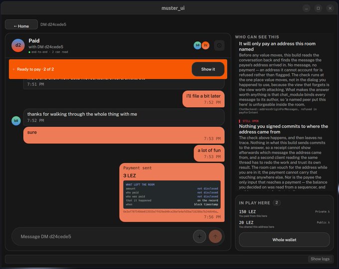 Screenshot of a dark-themed chat application called 'muster_ui' showing a conversation in room 'DM d24cede5' about a Bitcoin Lightning payment, with an orange 'Payment sent' receipt for 3 LEZ displayed.