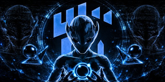 A futuristic digital artwork featuring a dark, alien-like figure holding a glowing blue sphere, flanked by two larger shadowy figures, with a stylized '11' logo in the background.