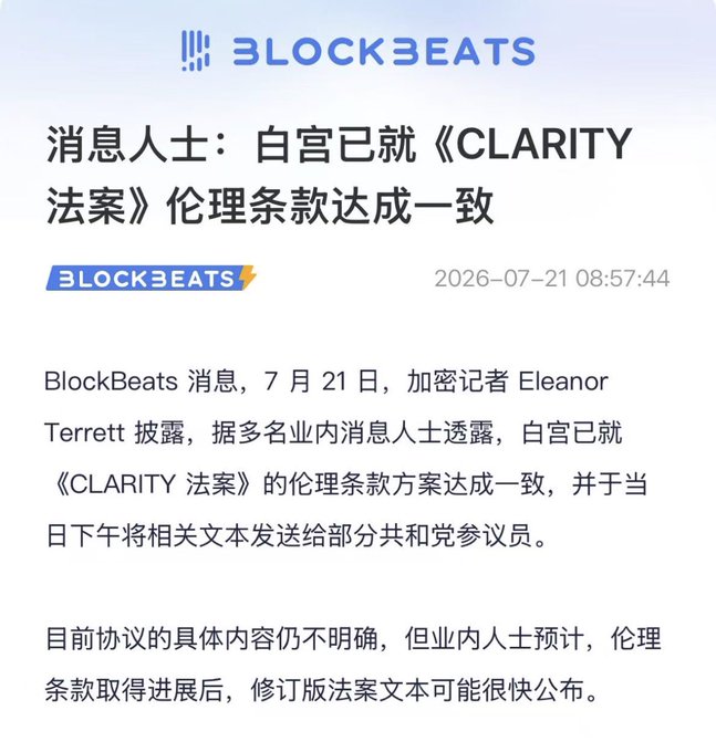 A BlockBeats news article in Chinese (dated 2026-07-21) reporting that the White House has reached agreement on the ethics provisions of the CLARITY Act, with crypto journalist Eleanor Terrett breaking the news.