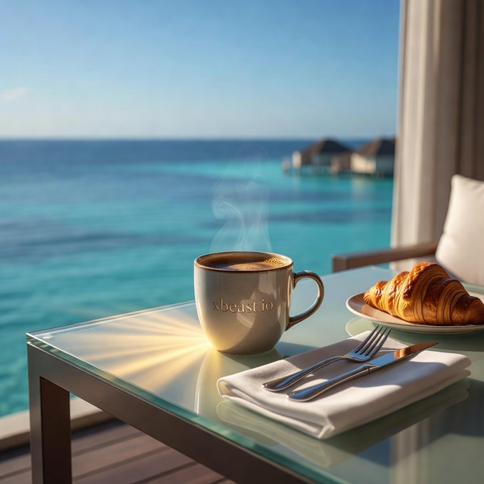 A steaming coffee cup labeled 'xbeast.io' on a glass table next to a croissant and silverware, overlooking a turquoise ocean with overwater bungalows.