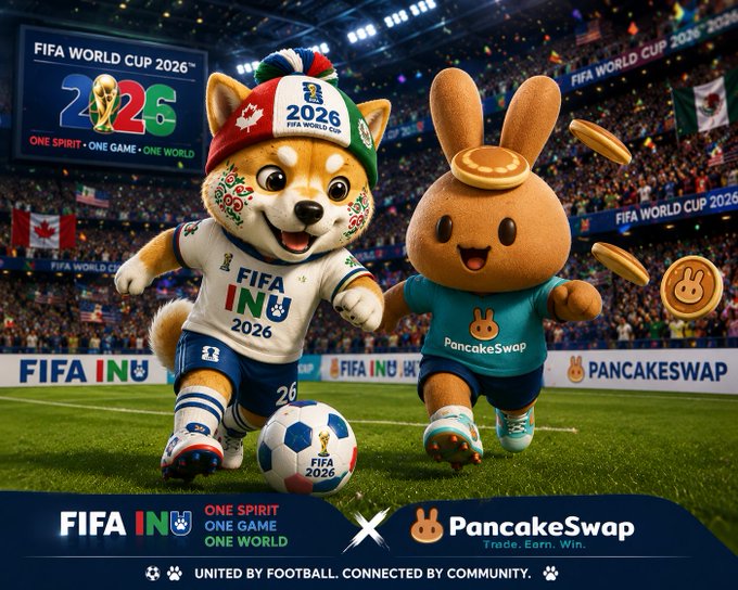 The image features a poster for the FIFA World Cup 2016, with two cartoon characters - a Shiba Inu dog wearing a soccer uniform and a rabbit dressed as a pancake - running towards each other while holding a soccer ball. The background of the poster is filled with various flags from different countries, indicating that this event was held in multiple locations around the world. The post also mentions that the FIFA World Cup 2016 was live on PancakeSwap, which suggests that it was an interactive and engaging experience for fans who wanted to participate or support their favorite teams by purchasing pancakes as a way of showing appreciation for the event.