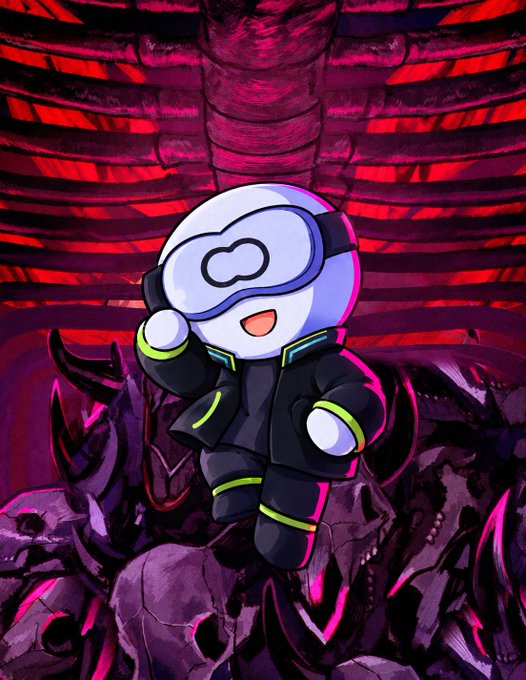 An illustrated character with a white helmet and glowing goggles wearing a black jacket with green accents stands atop dark, spiky formations beneath a large red snake.