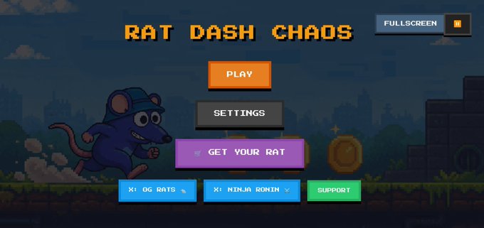 The main menu screen for a pixel art game titled 'RAT DASH CHAOS' with options for PLAY, SETTINGS, and links to social media including 'X: OG RATS' and 'X: NINJA RONIN'.
