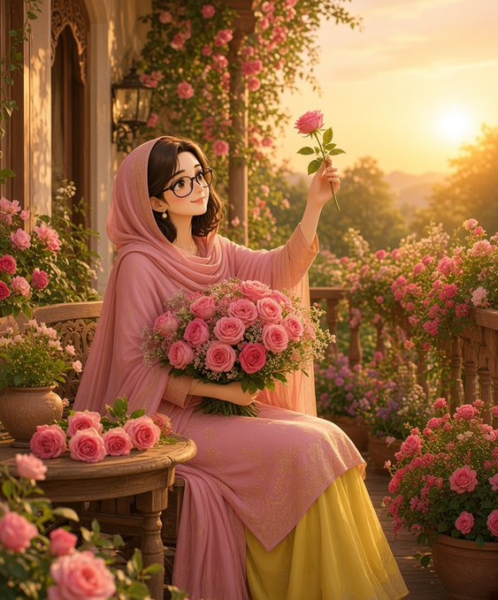 An illustration of a young woman wearing a pink hijab, glasses, and a pink and yellow outfit, sitting on a wooden bench holding a bouquet of pink roses while examining a single rose, surrounded by lush pink rose bushes and greenery at sunset.