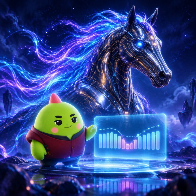 A digital artwork featuring a small green cartoon character in a red vest standing next to a holographic audio visualizer, with a glowing blue and purple mechanical unicorn in the background.